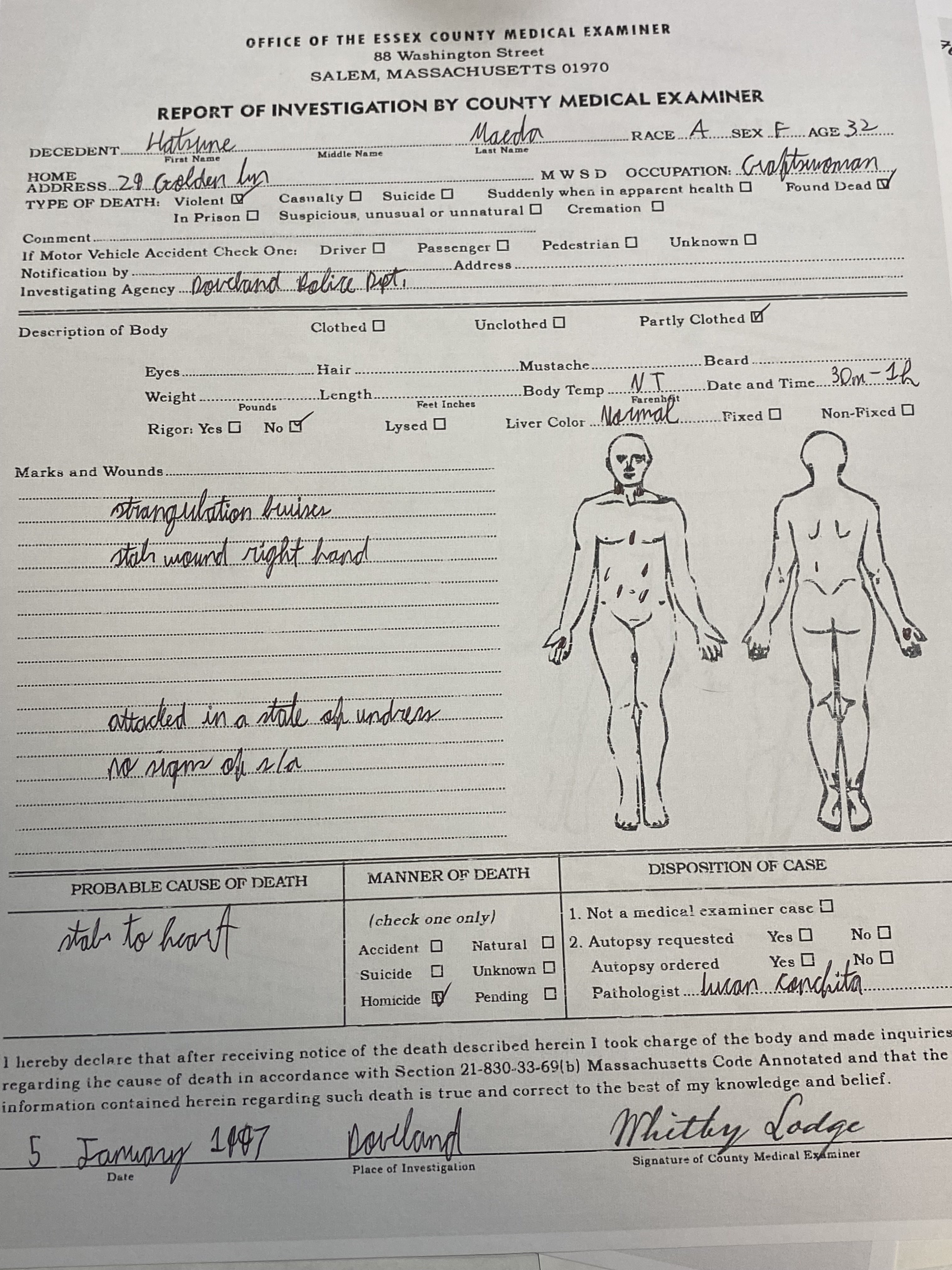 Image of Hatsune Maeda's autopsy report