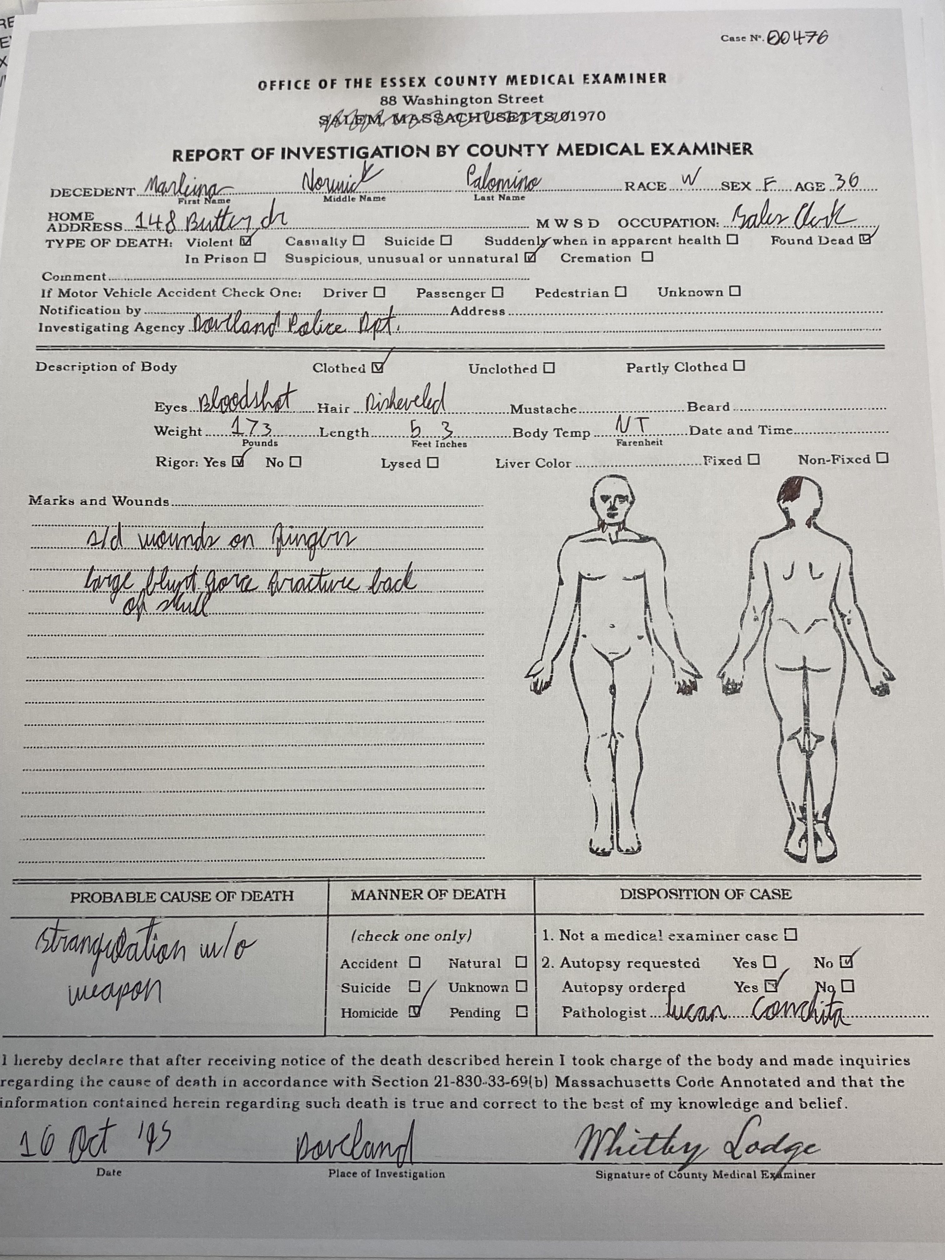 Image of Marleina Palomino's autopsy report